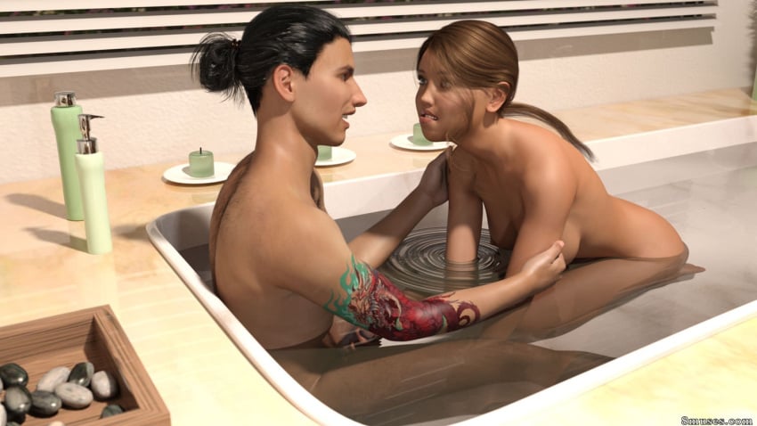 1boy 1girls 3d 3d_model absolutely_nothing_on bath bathing bathroom bathtub black_hair blonde_hair blonde_hair_female cgi claire_(surody) completely_naked completely_naked_female completely_naked_male completely_nude completely_nude_female completely_nude_male dark_hair female home house human in_water interior interior_background interior_scene interior_view jason_(surody) looking_at_partner male naked naked_female naked_male nude nude_female nude_male original_characters ponytail ponytail_(hair) ponytail_female surody tattoo tattoo_on_arm tattooed_arm