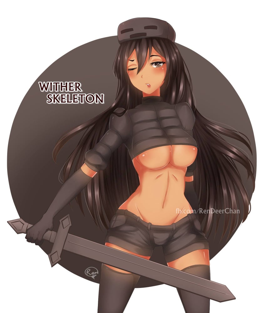 1girls abs anthro big_breasts black_eyes black_hair dark-skinned_female hat long_hair minecraft mob_talker shorts solo solo_female sword tagme tan_body tanned tanned_skin thin_waist underboob wide_hips wither_skeleton_(minecraft)