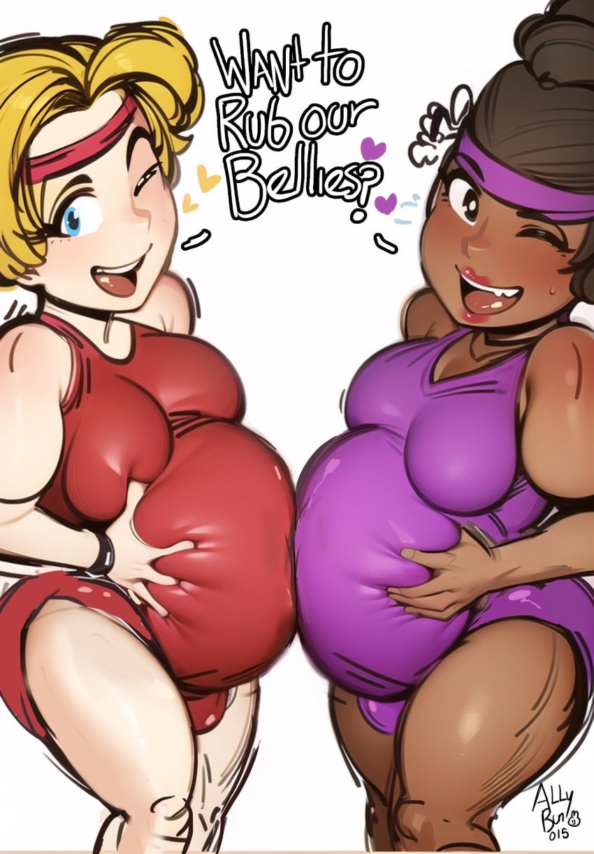 2girls belly big_belly blonde_hair character_request dark-skinned_female dark_skin female light-skinned_female light_skin multiple_girls multiple_pregnancies ordaz pregnant we_bare_bears