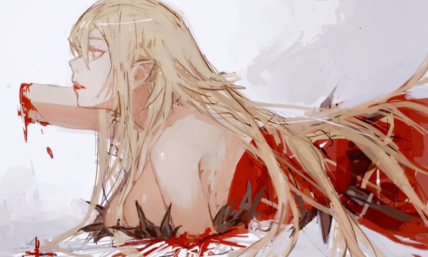 ._(kometto333) amputee bakemonogatari blonde_hair blood crawling double_amputee dress female from_side highres kiss-shot_acerola-orion_heart-under-blade lipstick long_hair looking_ahead lying makeup monogatari_(series) oshino_shinobu pointy_ears quadruple_amputee red_dress red_lips solo