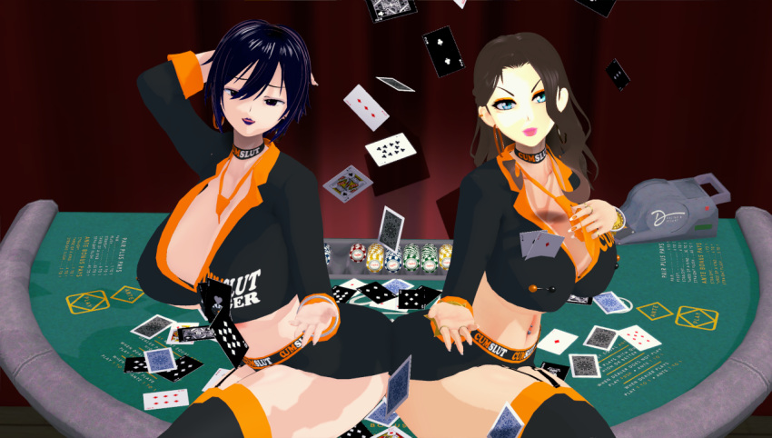 2girls akinama_family_(noir-black-shooter) ashley_banks_(kaoskatsu) blue_eyes brown_hair cards crossover cumslut_(franchise) dark_blue_hair koikatsu milf multiple_girls noir-black-shooter oc original original_character poker_cards poker_table purple_eyes