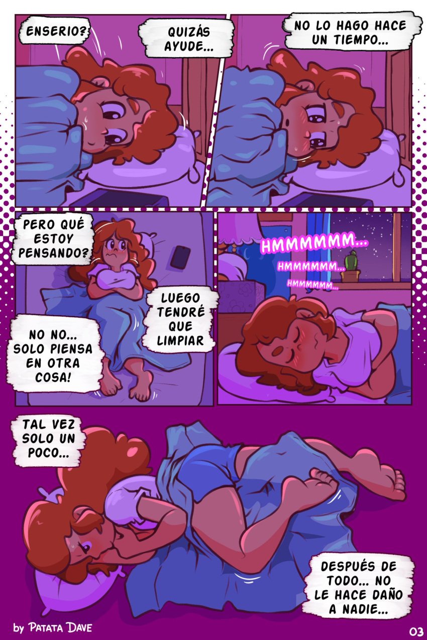 1girls alternate_version_available bed bed_sheet bedroom big_breasts blue_eyes cellphone comic comic_page comic_panel curly_hair curvy_figure cute embarrassed feet feet_together female female_focus female_only keyla_(patatadave) masturbation nice_ass oc on_bed orange_hair original_character page_3 page_number patata_dave shaking spanish_text