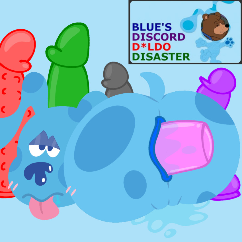 anal anal_sex anus blue's_clues blue_(blue's_clues) blue_background blue_body blue_eyes blue_fur canid canine canis color colored deadwingdork dildo dildo_insertion dildos dog domestic_dog female female_feral feral feral_female fur genitals hi_res mammal nickelodeon penetration pussy pussy_juice rear_view sex_toy sex_toy_insertion skeletonhearts solo tongue twitter_link youtube youtube_thumbnail youtuber