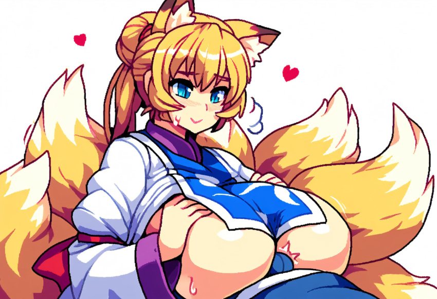 ai_generated animal_humanoid anthro big_breasts blonde_hair blue_eyes blush bodily_fluids breast_play breasts canid canid_humanoid canine canine_humanoid clothed clothing duo faceless_character faceless_male female female_focus fox fox_humanoid fur hair heart hellsonger hi_res huge_breasts human humanoid humanoid_focus male male/female mammal mammal_humanoid multi_tail paizuri penis ran_yakumo sex simple_background smile solo_focus sweat titfuck titjob touhou white_background