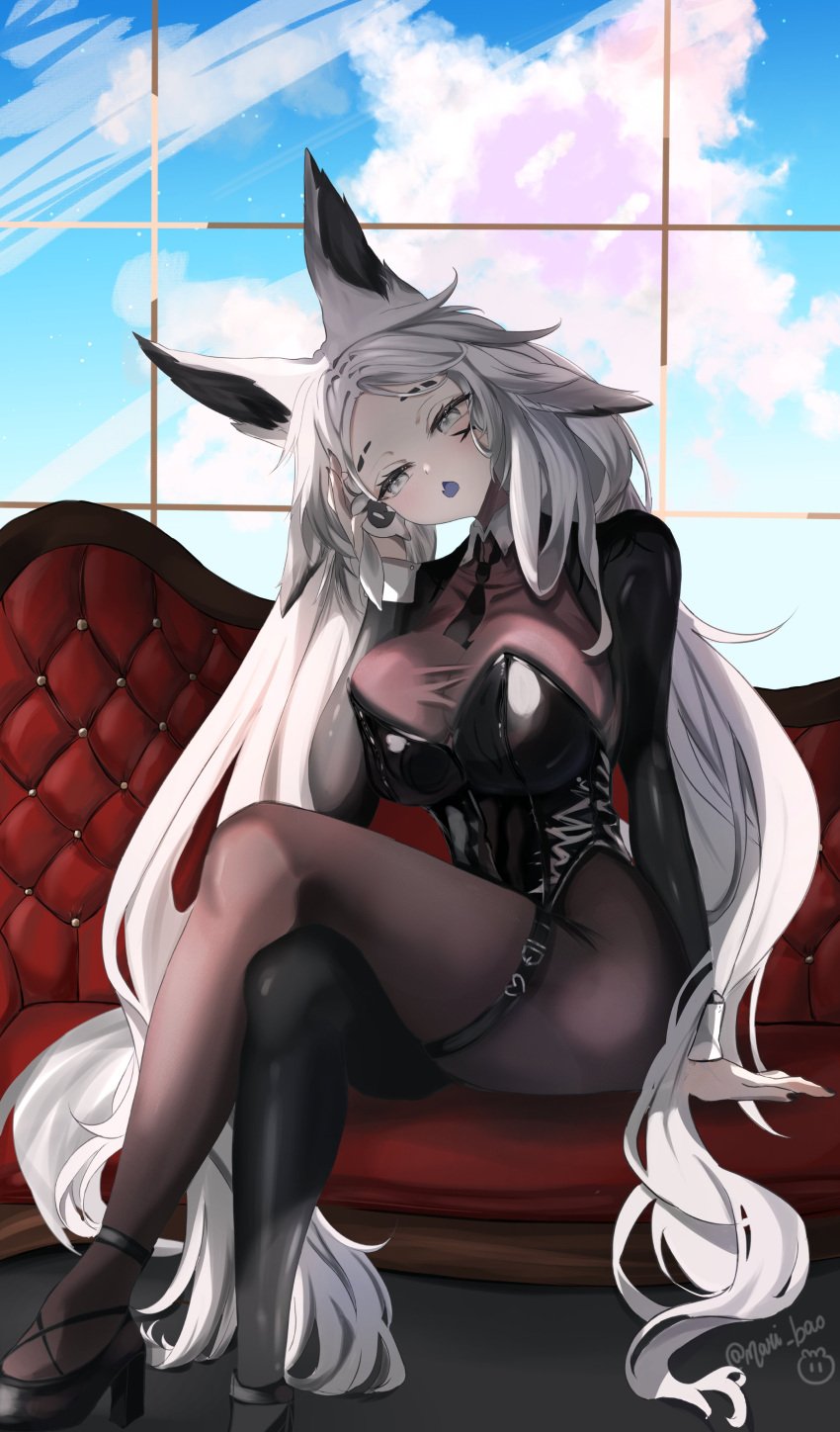 animal_ears bangs belt black_footwear black_gloves black_legwear blue_sky bodysuit breasts cloud crossed_legs day dya_rikku_(vtuber) elbow_gloves facial_mark female gloves high_heels large_breasts leotard long_hair long_sleeves looking_at_viewer nail_polish open_mouth shrug_(clothing) silver_hair sitting sky solo tail thighhighs very_long_hair vyugen white_hair window