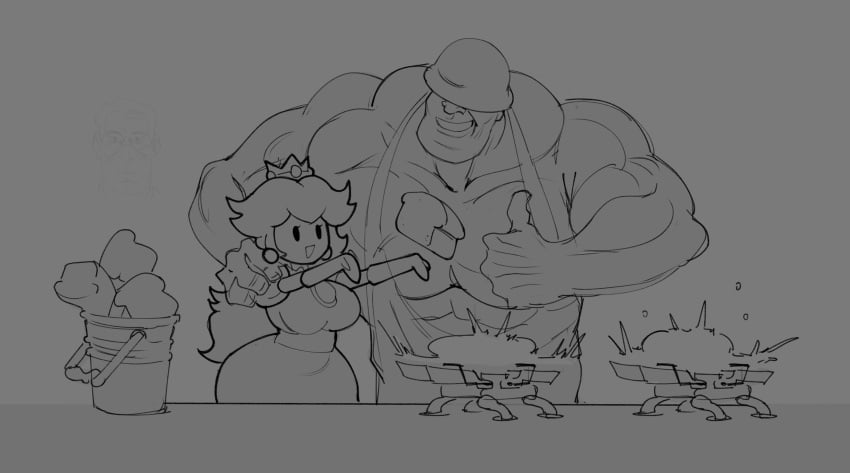 1boy 1girls buff buff_male clothed clothed_female crossover female fully_clothed fully_clothed_female male mario_(series) mekaatomic meme muscular muscular_male now_draw_her open_mouth open_smile paper_mario paper_peach princess_peach size_difference smile soldier_(team_fortress_2) team_fortress_2 teleporting_bread tf2 thumbs_up wholesome