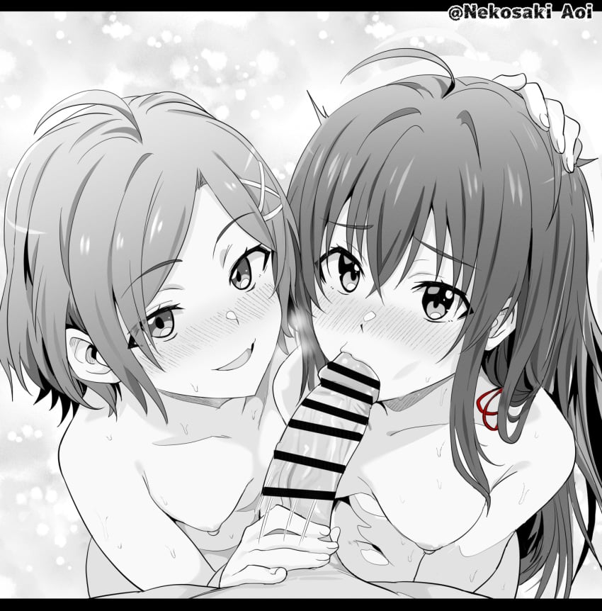 1boy 2girls ahoge bar_censor blush breasts censored collarbone commission completely_nude fellatio female ffm_threesome from_above group_sex hair_ornament hair_ribbon head_grab highres hikigaya_komachi human irrumatio light_smile long_hair looking_at_viewer male monochrome multiple_girls my_teen_romantic_comedy_snafu navel nekosaki nipples nude oerba_yun_fang oral parted_lips partially_colored penis penis_grab pixiv_commission pov pov_crotch red_ribbon ribbon short_hair skin_fang small_breasts straight threesome twitter_username x_hair_ornament yukinoshita_yukino