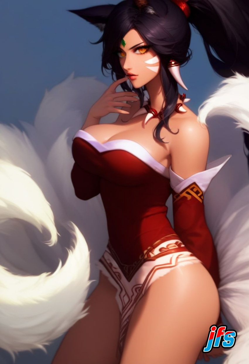 1female 1girl 1girls ahri ai_generated big_breasts black_hair black_hair_female female female_focus female_only forehead_gem forehead_jewel fox_ears fox_tail fox_tails fusion fusion_character gem_on_forehead hi_res high_res high_resolution highres jewel_on_forehead jfs large_breasts league_of_legends long_hair long_hair_female nidalee ponytail ponytail_female riot_games solo solo_female solo_focus tooth_necklace tribal_markings tribal_tattoo tribal_tattoos white_tail white_tails yellow_eyes yellow_eyes_female