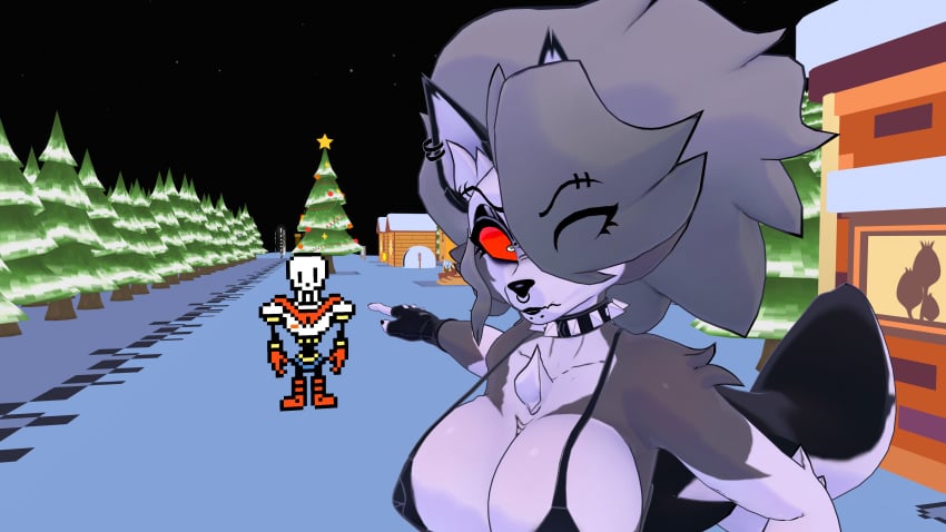 3d almost_naked anthro bra cryptiacurves ear_piercing furry gray_hair helluva_boss hi_res highres joke loona_(cryptiacurves) loona_(helluva_boss) meme nose_piercing papyrus pierced_ears pierced_nose red_eyes skeleton spiked_collar underboob undertale vrchat xenoshi