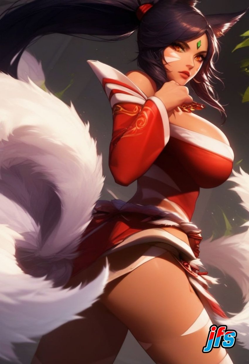 1female 1girl 1girls ahri ai_generated big_breasts black_hair black_hair_female female female_focus female_only forehead_gem forehead_jewel fox_ears fox_tail fox_tails fusion fusion_character gem_on_forehead hi_res high_res high_resolution highres jewel_on_forehead jfs large_breasts league_of_legends long_hair long_hair_female nidalee ponytail ponytail_female riot_games solo solo_female solo_focus tooth_necklace tribal_markings tribal_tattoo tribal_tattoos white_tail white_tails yellow_eyes yellow_eyes_female