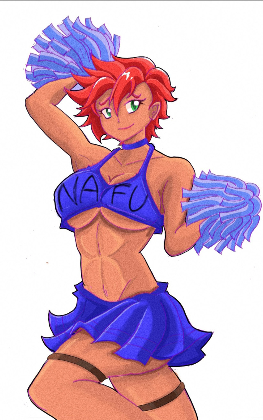 1girls armpits breasts cheerleader choker dark-skinned_female dark_skin green_eyes hair_between_eyes highres large_breasts lyra(itsnafulol) midriff pom_pom_(cheerleading) red_hair sethwijez short_hair skirt tank_top thick_thighs thigh_strap thighs tomboy underboob