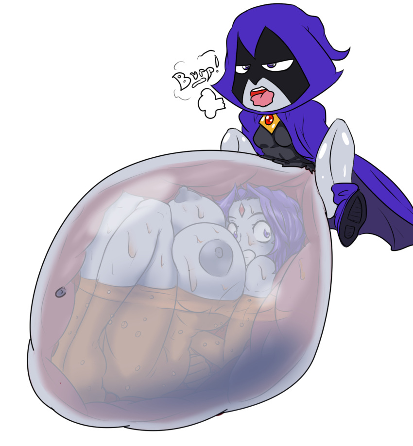 2girls belly belly_bulge big_belly big_breasts blue_hair breasts burp burping dc dc_comics female female_pred female_prey grey_skin huge_belly huge_breasts internal jim_sugomi multiple_girls nipples raven_(dc) same_size_vore stomach teen_titans teen_titans_go vore x-ray