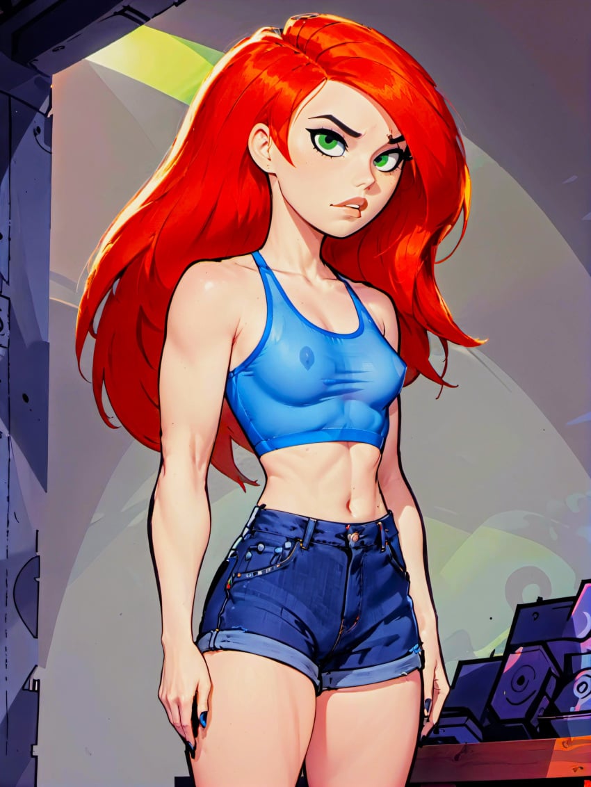 1girls 2024 2d ai_generated blue_shirt blue_shorts breasts crop_top female female_only green_eyes human jean_shorts jpeg jpg kim_possible kimberly_ann_possible nipples orange_hair red_hair see-through_top shorts solo