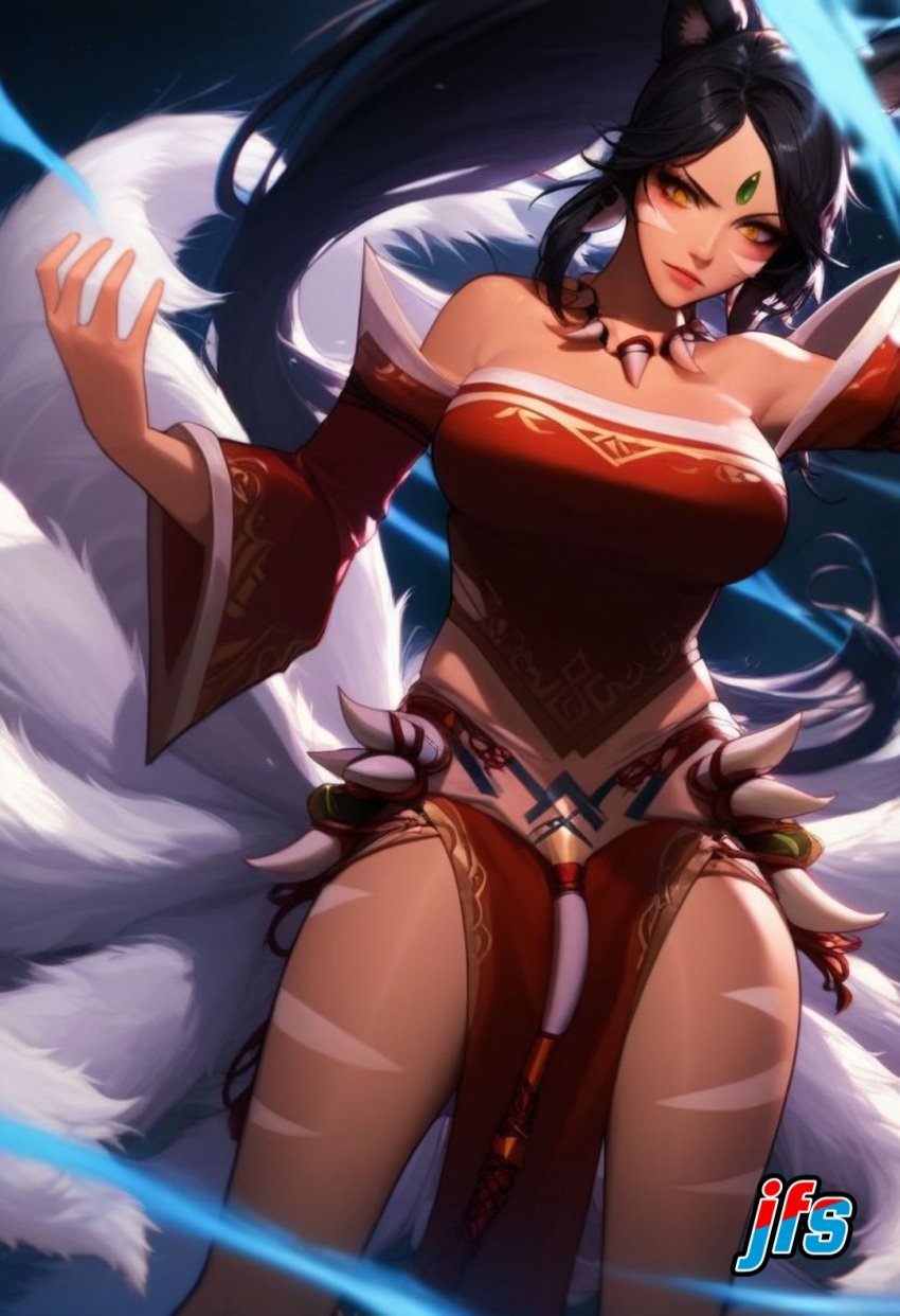 1female 1girl 1girls ahri ai_generated big_breasts black_hair black_hair_female female female_focus female_only forehead_gem forehead_jewel fox_ears fox_tail fox_tails fusion fusion_character gem_on_forehead hi_res high_res high_resolution highres jewel_on_forehead jfs large_breasts league_of_legends long_hair long_hair_female nidalee ponytail ponytail_female riot_games solo solo_female solo_focus tooth_necklace tribal_markings tribal_tattoo tribal_tattoos white_tail white_tails yellow_eyes yellow_eyes_female