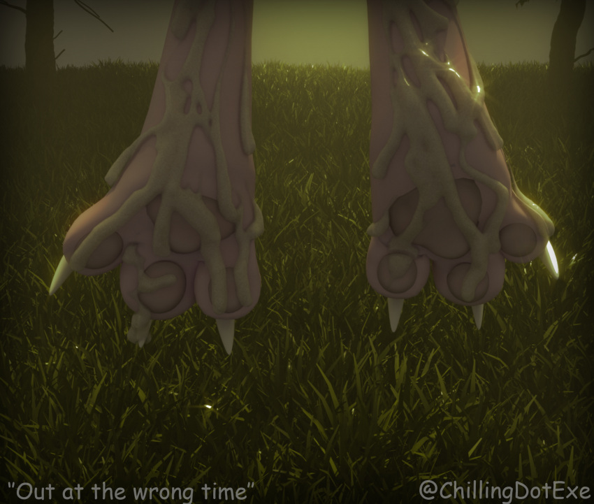 2024 3d_(artwork) anthro anthro_only artist_name blender_(artwork) bodily_fluids chilling.exe claws cum cum_drip cum_on_feet dangling dangling_legs digital_media_(artwork) dripping duo english_text epic_poggers_amongus feet forest forest_background fur fyrn_(chilling.exe) genital_fluids hi_res leg_focus meme nature nature_background offscreen_sex outside pawpads paws pink_body pink_fur plant simple_background solo text toe_claws toes tree watermark wickerbeast