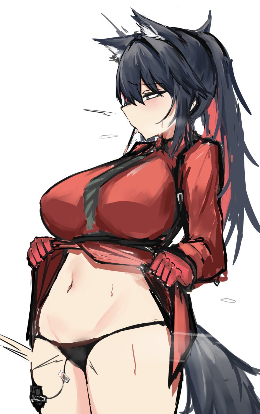 arknights large_breasts massive_breasts panties pleasure_face shirt_lift sweat texas_(arknights) thick_thighs tongue tongue_out tummy vibrator vibrator_in_pussy vibrator_taped_to_leg vibrator_under_panties wolf_ears wolf_girl wolf_tail