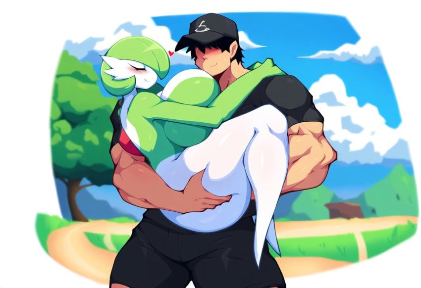 1boy 1boy1girl 1girls ai_generated carrying carrying_partner duo female female_gardevoir furry gardevoir huge_ass huge_breasts human human_on_anthro mullon muscular_male novelai pokemon pokemon_(species) princess_carry