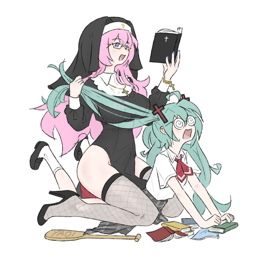 2girls bible_(object) blue_eyes blue_hair book confessions_of_a_rotten_girl_(vocaloid) eyewear fujoshi_miku glasses hatsune_miku implied_spanking megurine_luka nun on_floor open_mouth pallet pink_hair pulling_hair reading round_glasses screaming spanking suggestive tagme twintails vocaloid white_background yuri