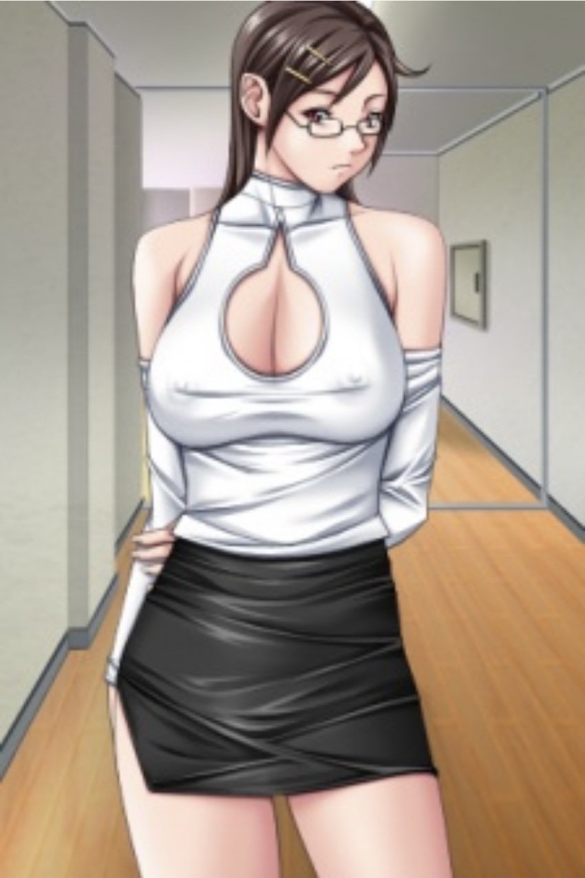 black_miniskirt brown_hair cleavage detached_sleeves discipline:record_of_a_crusade discipline_zero glasses hairpins kaneda_maiko large_breasts long_brown_hair long_hair low_quality miniskirt nipples nipples_visible_through_clothing sei_shoujo