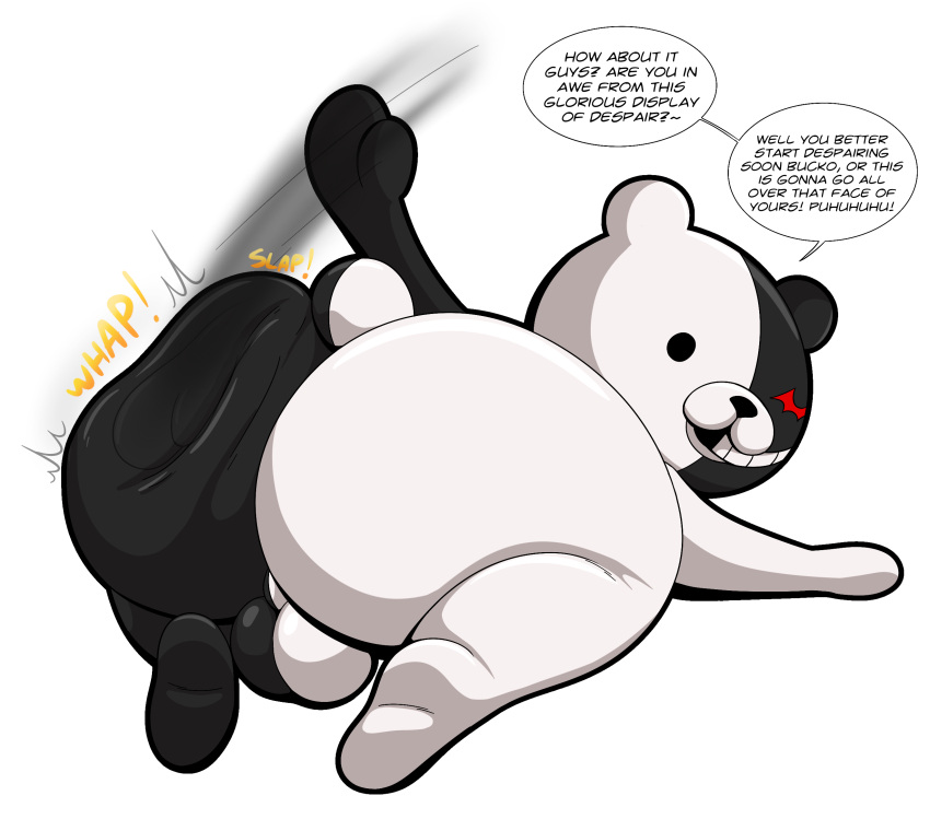 all_fours anthro ass balls bear big_butt butt_slap danganronpa dialogue genitals hi_res jiggling_butt looking_at_viewer male mammal monokuma presenting presenting_hindquarters slap solo spanking spanking_self spike_chunsoft talking_to_viewer taunting tepigfan101