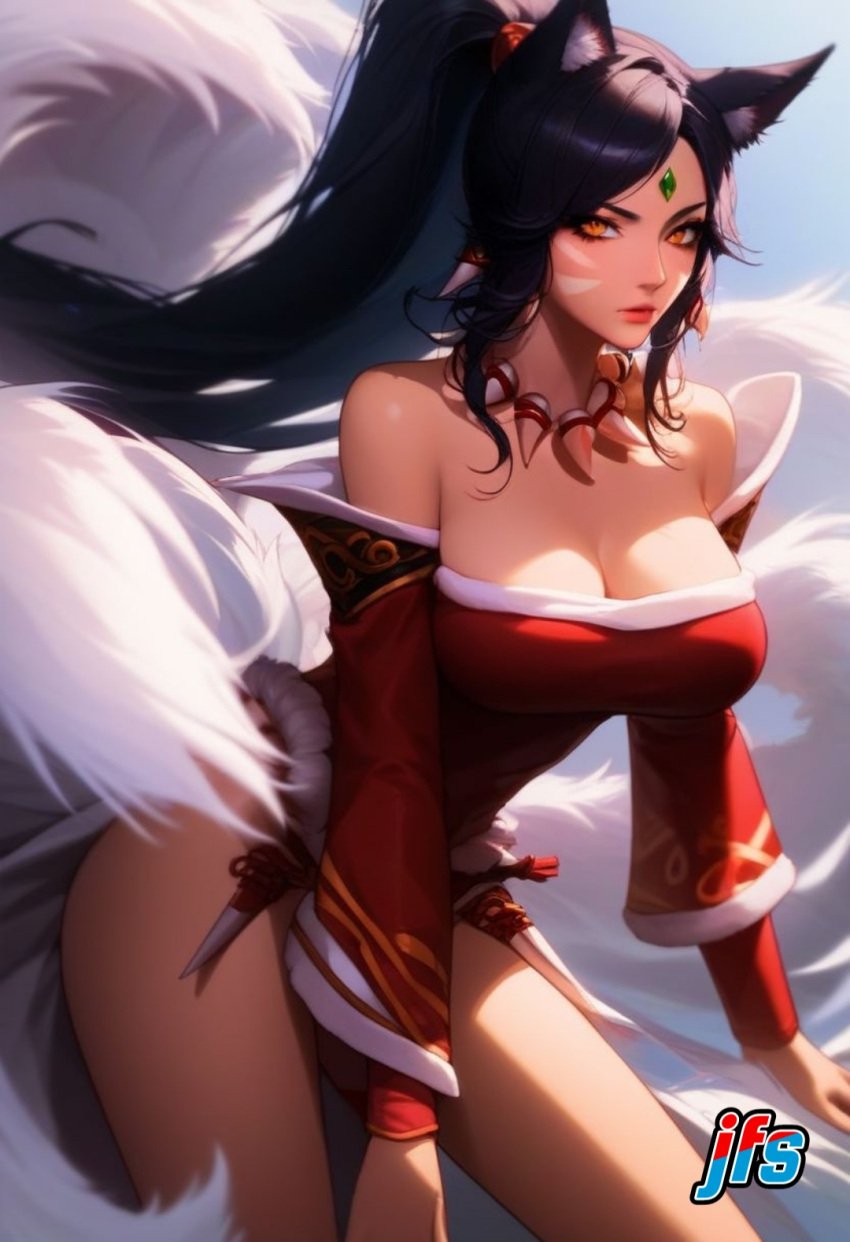 1female 1girl 1girls ahri ai_generated big_breasts black_hair black_hair_female female female_focus female_only forehead_gem forehead_jewel fox_ears fox_tail fox_tails fusion fusion_character gem_on_forehead hi_res high_res high_resolution highres jewel_on_forehead jfs large_breasts league_of_legends long_hair long_hair_female nidalee ponytail ponytail_female riot_games solo solo_female solo_focus tooth_necklace tribal_markings tribal_tattoo tribal_tattoos white_tail white_tails yellow_eyes yellow_eyes_female