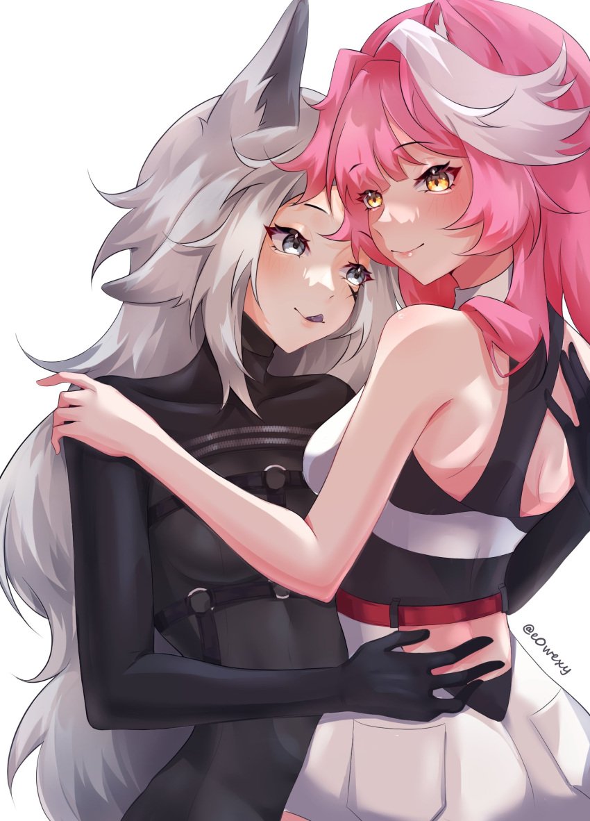 2girls animal_ear_fluff animal_ears back bangs bare_arms bare_shoulders belt black_gloves blush breasts brown_eyes closed_mouth dya_rikku_(vtuber) elbow_gloves eyebrows_visible_through_hair gloves grey_eyes hololive hololive_justice hug jacket large_breasts long_hair looking_at_viewer looking_back medium_breasts multicolored_hair multiple_girls pink_hair raora_panthera silver_hair simple_background skirt sleeveless sleeveless_shirt smile very_long_hair vyugen white_background wolf_ears yuri