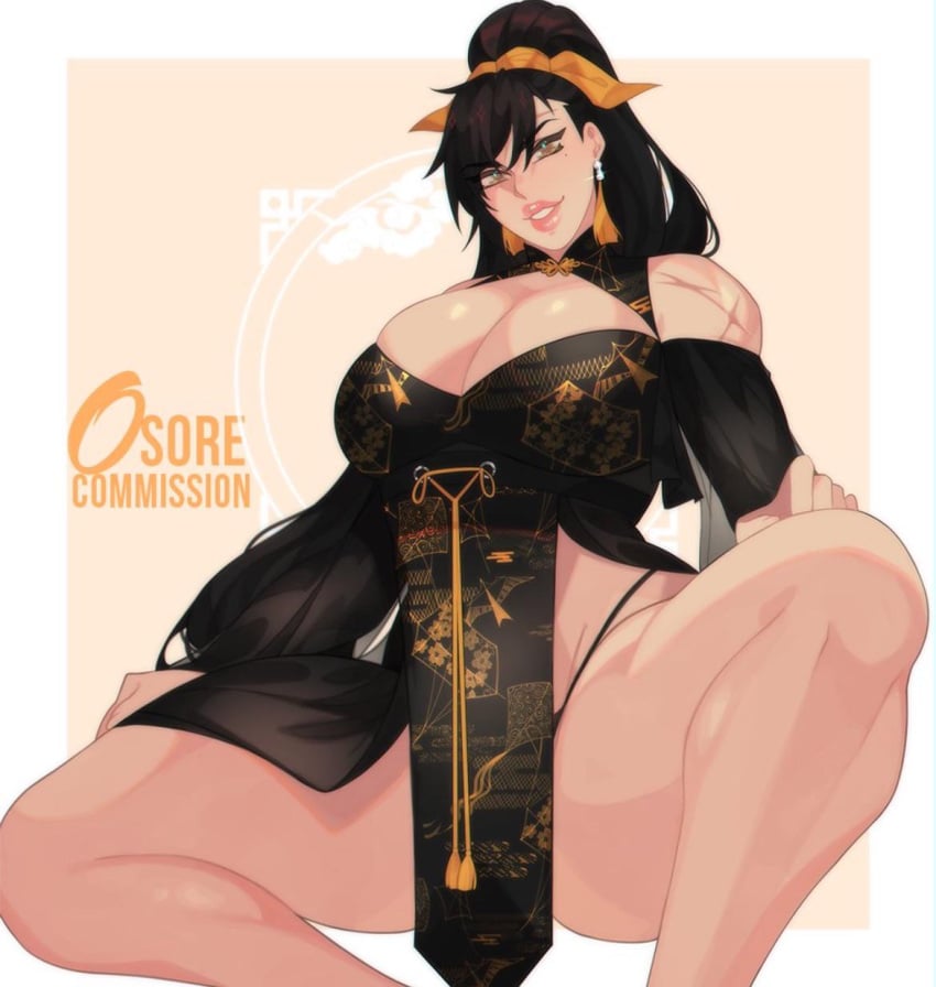 1girls abstract_background artist_name beauty_mark big_breasts black_dress black_hair breasts brown_eyes chinese_clothes chun_yan_(shuumatsu_no_valkyrie) cleavage crouching earrings female female_only hi_res human light-skinned_female lips looking_at_viewer milf osoretic ponytail record_of_ragnarok scar shuumatsu_no_valkyrie solo squatting thong