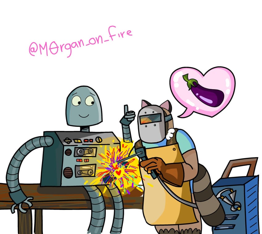 2024 anthro apron biped brown_body clothing clown_horse duo eggplant food fruit heart_symbol hi_res machine mammal plant procyonid raccoon rascal_(robot_dreams) robot robot_(robot_dreams) robot_dreams shirt sitting topwear