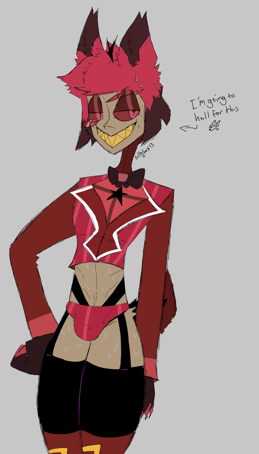 2d_artwork alastor_(hazbin_hotel) annoyed annoyed_expression annoyed_face antlers bowtie crop_top deer deer_ears deer_tail eyeshadow femboy garter_belt garter_belt_socks garter_straps garters gay gloves handdrawn hazbin_hotel lingerie lingerie_panties lingerie_under_clothes monocle mostlysatire pent_up red_eyes red_hair red_iris red_panties red_pupils red_sclera red_suit red_underwear satire sharp_teeth silly smile smiling sports_jacket suit suit_jacket sweat sweatdrop sweating sweaty sweaty_belly sweaty_body sweaty_thighs thigh_socks thighhighs thin_neck vivziepop yellow_teeth