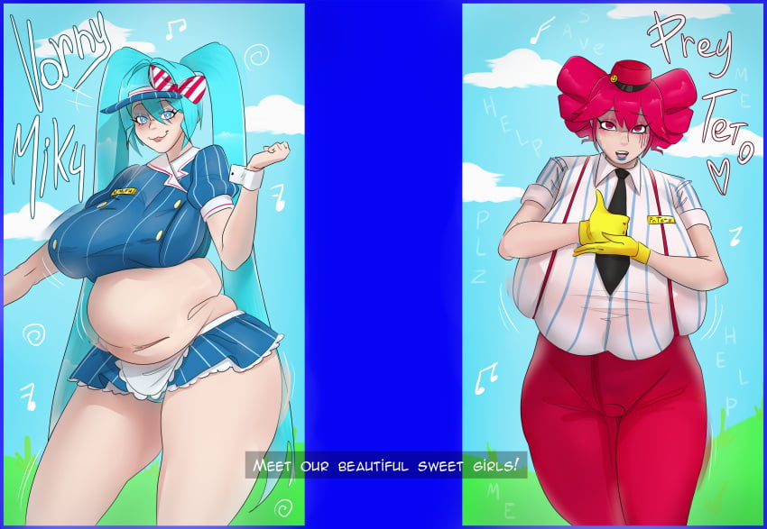 2024 2girls before_vore big_breasts big_thighs blue_eyes blue_hair bow chubby chubby_female crypton_future_media female_only gloves hatsune_miku huge_breasts hyper hyper_breasts kasane_teto mesmerizer_(vocaloid) mesmerizer_miku multiple_girls mv_character panties_visible panties_visible_under_skirt part_1 pre_vore red_eyes red_hair stomach tagme text thick_thighs twintails ujanskiy vocaloid vore