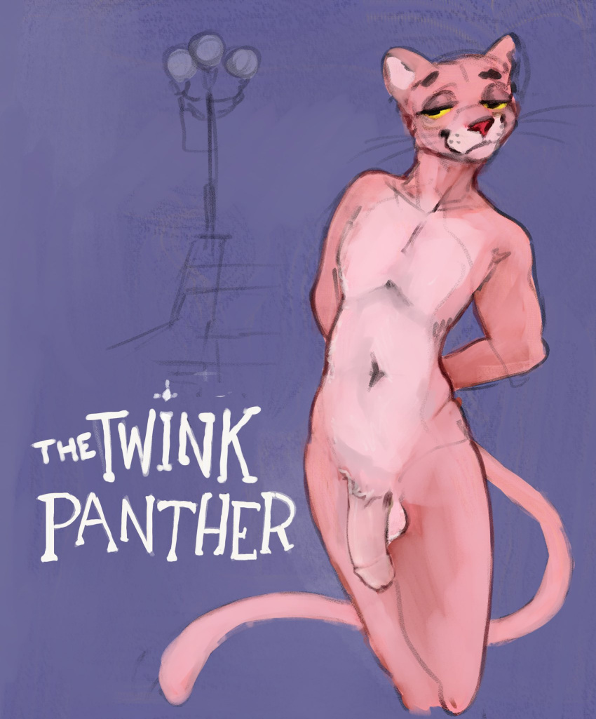 2022 anthro antrhopomorphic balls banoncat eyebrows felid flaccid foreskin genitals hands_behind_back hi_res looking_at_viewer male mammal nude pantherine penis pink_panther raised_eyebrow raised_tail solo street_lamp tail whiskers yellow_eyes