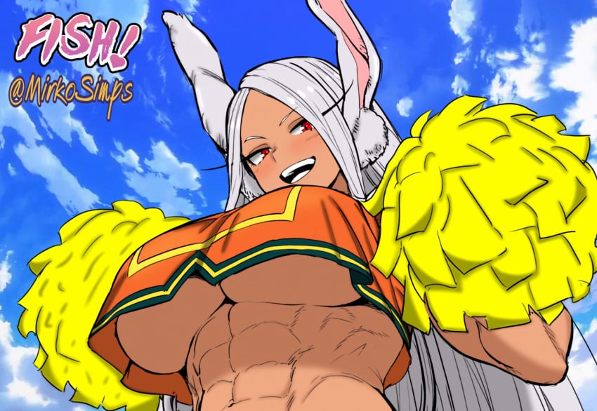 :d abs animal_ears artist_collaboration artist_name blue_sky blush boku_no_hero_academia breasts cheerleader cloud cloudy_sky colorized commentary crop_top crop_top_overhang dark-skinned_female dark_skin female highres holding holding_pom_poms large_breasts long_eyelashes long_hair looking_at_viewer mirkosimps miruko muscular muscular_female navel obliques open_mouth orange_shirt parallaxfused parted_bangs pom_pom_(cheerleading) rabbit_ears rabbit_girl red_eyes rumi_usagiyama shirt sky smile solo stomach teeth twitter_username u.a._cheerleader_uniform underboob upper_body very_long_hair white_hair