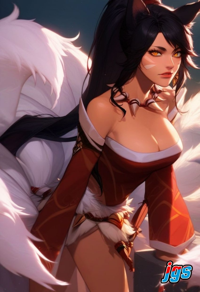 1female 1girl 1girls ahri ai_generated big_breasts black_hair black_hair_female female female_focus female_only forehead_gem forehead_jewel fox_ears fox_tail fox_tails fusion fusion_character gem_on_forehead hi_res high_res high_resolution highres jewel_on_forehead jfs large_breasts league_of_legends long_hair long_hair_female nidalee ponytail ponytail_female riot_games solo solo_female solo_focus tooth_necklace tribal_markings tribal_tattoo tribal_tattoos white_tail white_tails yellow_eyes yellow_eyes_female