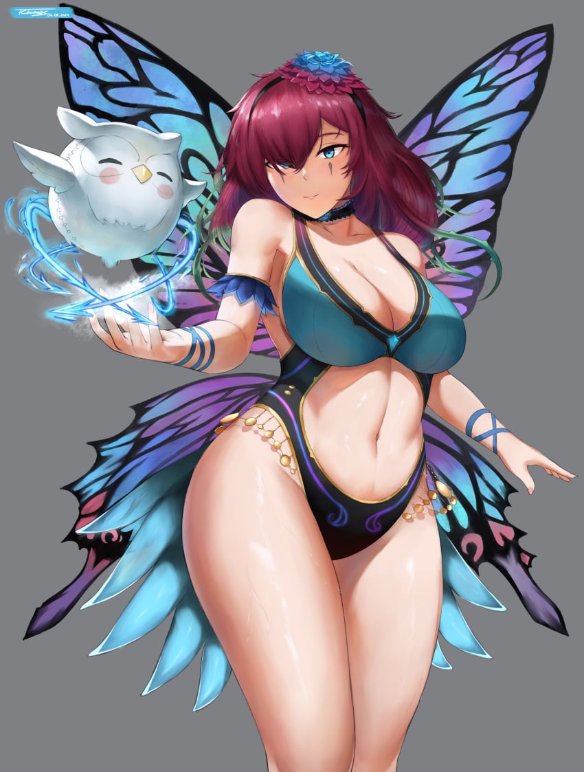 1girls absurdres alternate_costume bare_shoulders black_one-piece_swimsuit black_swimsuit blue_eyes blue_one-piece_swimsuit blue_swimsuit breasts butterfly_wings cleavage clothing_cutout collarbone facial_mark fairy_wings feh_(fire_emblem_heroes) female female_only fire_emblem fire_emblem_heroes flower gradient_flower grey_background hair_flower hair_ornament hair_over_one_eye hair_vines highres insect_wings large_breasts looking_at_viewer navel navel_cutout nintendo one-piece_swimsuit plant purple_hair simple_background solo swimsuit tempurachronos thorns triandra_(fire_emblem) wings