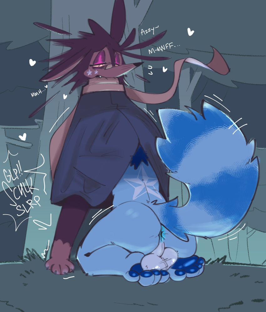 ambiguous_gender anthro anus ass azura_(aimpunch) backsack balls bedroom_eyes blue_body blue_fur blue_hair blue_pawpads brown_body brown_fur clothing digboye duo english_text eulipotyphlan forest forest_background fur genitals hair half-closed_eyes heart_symbol hedgehog hi_res humanoid_genitalia kneeling looking_pleasured male male/ambiguous mammal markings mule_(digboye) multicolored_body multicolored_fur narrowed_eyes nature nature_background oral pawpads paws perineum plant poncho procyonid raccoon scarf seductive sound_effects star_(marking) striped_markings striped_tail stripes tail tail_markings text tree two_tone_body two_tone_fur