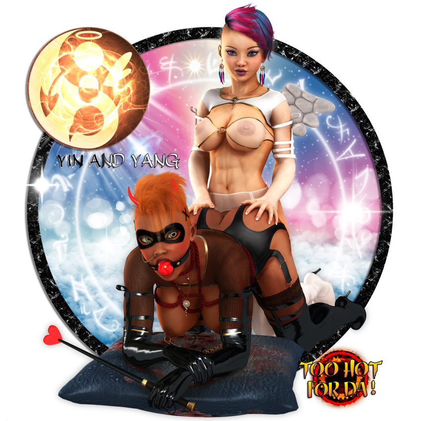 2girls 3d all_fours ass_grab ball_gag becarra big_breasts black_gloves blue_eyes boots busty butt_crack chains chloe_yoshida curvy dark-skinned_female dark_skin detailed_background domino_mask ear_piercing earrings elbow_gloves english_text erect_nipple erect_nipples eyelashes eyeshadow female female_only femdom femsub fishnet fishnet_stockings freckles gag garter garter_straps gloves grab grabbing green_eyes heterochromia high_heel_boots high_heels holding_object hourglass_figure human jade_(becarra) lipstick long_hair looking_at_viewer makeup mask multicolored_hair multiple_females multiple_girls necklace nipple_piercing nose_piercing orange_hair piercing pillow pink_hair pink_lipstick pose posing purple_eyes see-through shiny shiny_skin short_hair tattoo text underboob voluptuous whip wide_hips yuri