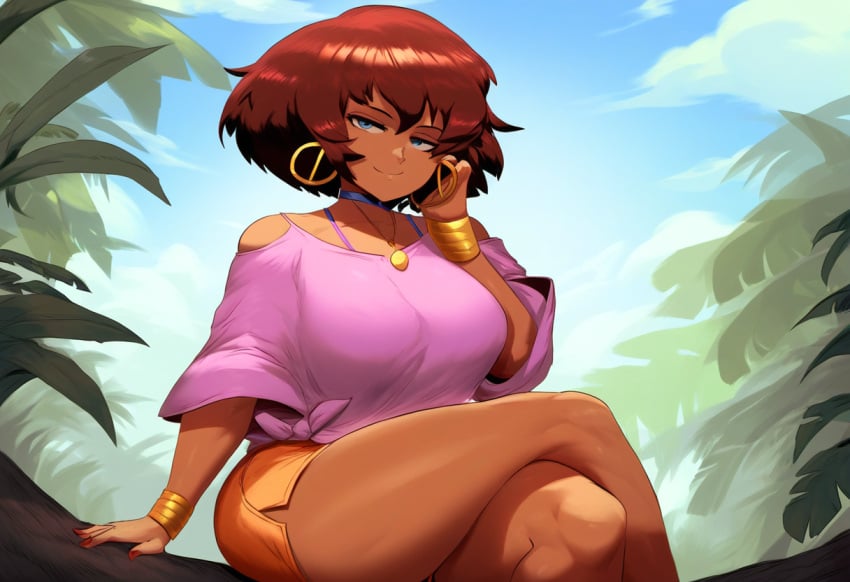 aged_up ai_generated dark-skinned_female dark_skin dora_marquez dora_the_explorer female huge_breasts jewelry latina looking_at_viewer mullon novelai orange_shorts pink_shirt seductive sitting solo