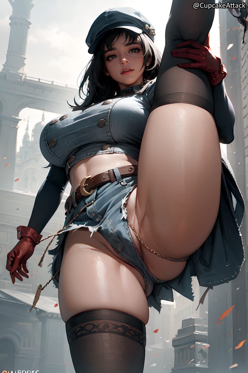 1girls ai_generated belt black_eyes black_hair cabbie_hat crop_top cupcakeattack denim_shorts female final_fantasy final_fantasy_vii final_fantasy_vii_remake from_below gloves holding_leg huge_breasts kyrie_canaan leg_up lifting_leg looking_at_viewer red_gloves skindentation slim_waist standing thighhighs vulva wide_hips