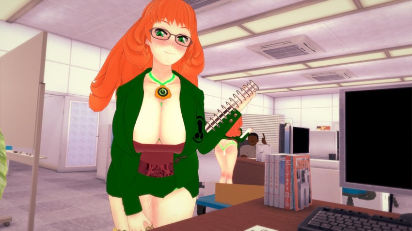 1girls 3d alternate_breast_size android ass blush cum_inside ginger ginger_hair glasses green_eyes koikatsu light-skinned_female mirror office_lady penny_polendina pov rwby self_upload