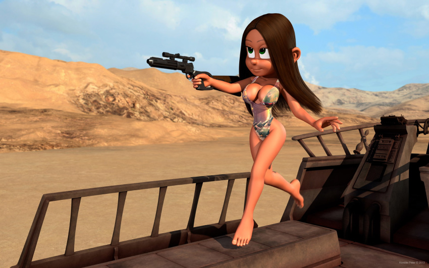 1girls 3d bantha-ii_cargo_skiff bare_shoulders barefoot big_breasts brown_hair busty cleavage curvy day detailed_background female female_only front_view gun high_heels holding_object hourglass_figure human kondaspeter leotard long_hair outdoor outside pose posing running sand shadow shiny shiny_skin skirt slave_bikini solo star_wars tatooine vivi_(kondaspeter) voluptuous weapon wide_hips