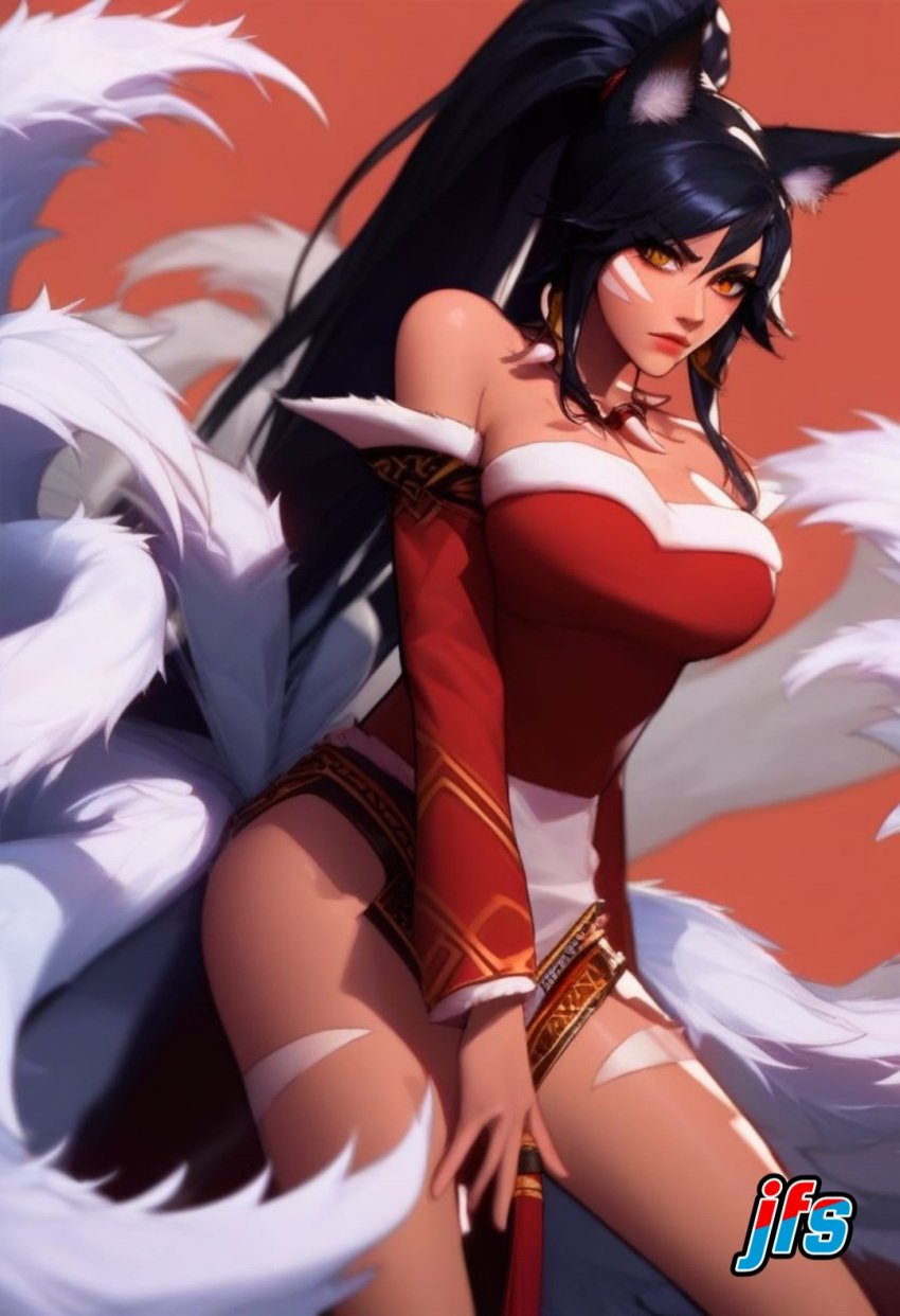 1female 1girl 1girls ahri ai_generated big_breasts black_hair black_hair_female female female_focus female_only forehead_gem forehead_jewel fox_ears fox_tail fox_tails fusion fusion_character gem_on_forehead hi_res high_res high_resolution highres jewel_on_forehead jfs large_breasts league_of_legends long_hair long_hair_female nidalee ponytail ponytail_female riot_games solo solo_female solo_focus tooth_necklace tribal_markings tribal_tattoo tribal_tattoos white_tail white_tails yellow_eyes yellow_eyes_female