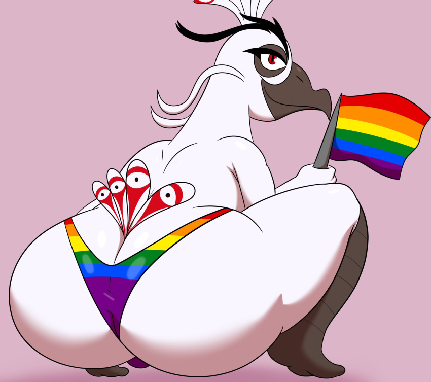 anthro ass ass_cleavage avian balls beak big_ass big_butt black_eyebrows butt_crack colossalstars crouching dreamworks grey_beak holding_object huge_ass huge_butt kung_fu_panda kung_fu_panda_2 looking_at_viewer lord_shen paramount_pictures peacock peafowl pride_colors rainbow_flag red_eyes small_tail smirk striped_panties thong whiskers white_feathers ych your_character_here