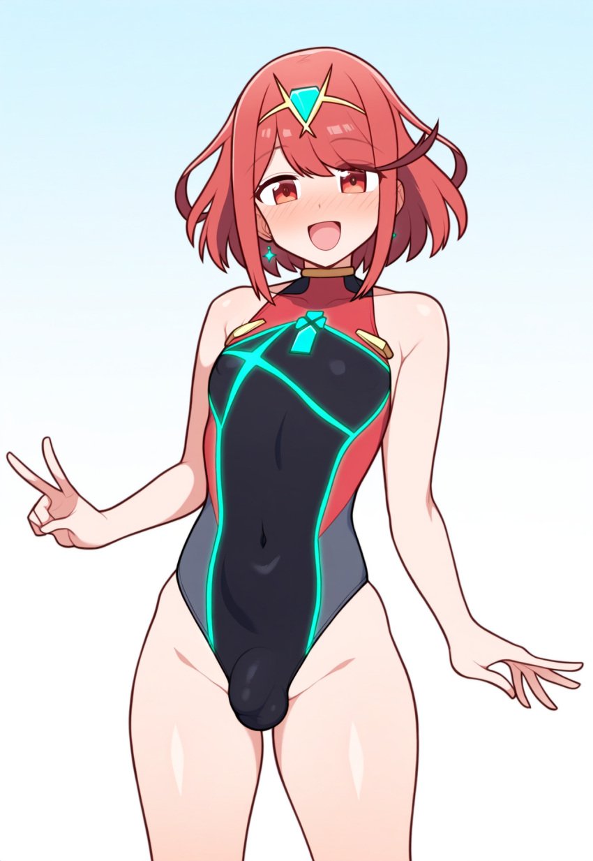 ai_generated blush bulge femboy flat_chest genderswap_(ftm) nsfw one-piece_swimsuit otoko_no_ko puffy_breasts pyra pyra_(pro_swimmer)_(xenoblade) pyra_(xenoblade) robofun rule_63 sissy smile trap xenoblade_chronicles_2