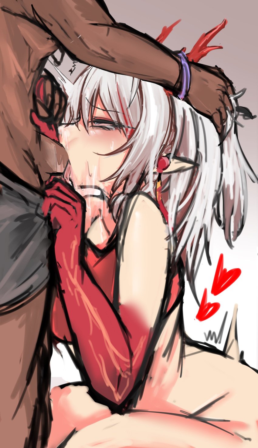 1boy 1girls arknights big_ass blowjob bottomless cum dark-skinned_male deepthroat dragon_girl eyes_rolling_back female head_grab heart male nian_(arknights) orgasm_from_oral pulling_clothing sitting spit thick_ass thick_thighs white_hair