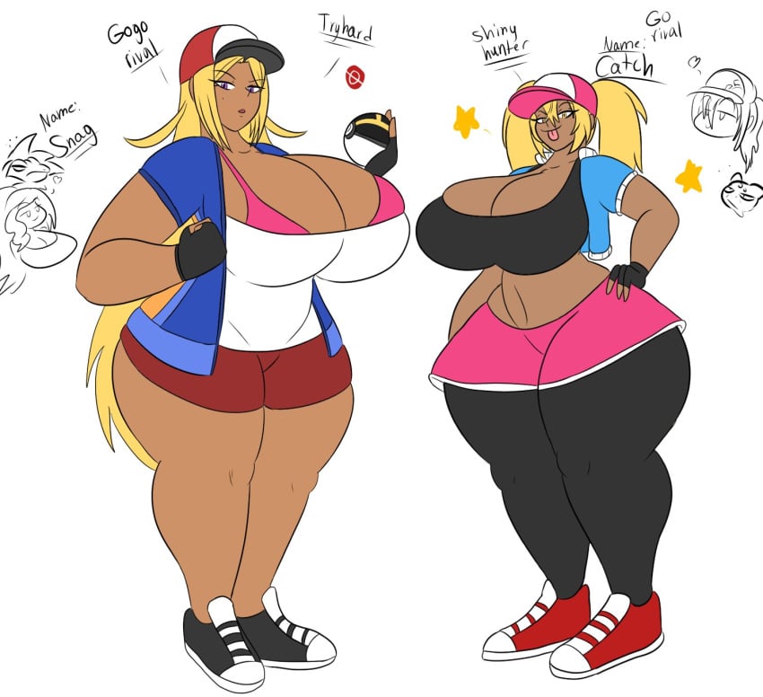 2girls blonde_hair dark-skinned_female dark_skin female female_only gyaru huge_breasts igphhangout multiple_girls pokemon trainer_catch_(igph) trainer_tryhard_(igph) twintails