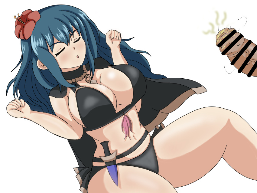 1boy 1girls alternate_costume bare_arms bare_midriff bare_thighs bikini black_bikini black_swimsuit breasts byleth_(female)_(summer)_(fire_emblem) byleth_(fire_emblem) byleth_(fire_emblem)_(female) cape censored cleavage closed_eyes daibu_seijin female female_focus fire_emblem fire_emblem:_three_houses fire_emblem_heroes flower foreskin hair_flower imminent_rape imminent_sex knife large_breasts long_hair male midriff nintendo official_alternate_costume on_back open_mouth penis rape sideboob sleep_molestation sleeping smegma smell smelly smelly_cock solo_focus stray_pubic_hair swimsuit teal_hair thick_thighs thighs uncut white_background zzz