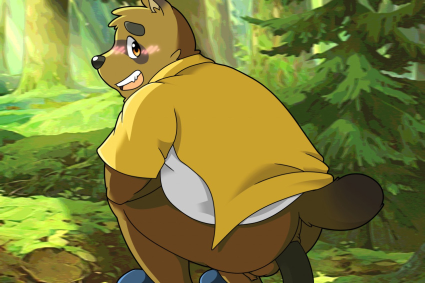 2019 anthro anus ass balls blush bottomless brown_fur canid canine clothed clothing crouching feces foreskin forest fur kounosuke_(morenatsu) male mammal morenatsu open_mouth outside partially_clothed penis raccoon_dog scat scat solo tanuki thenastycat tree uncut