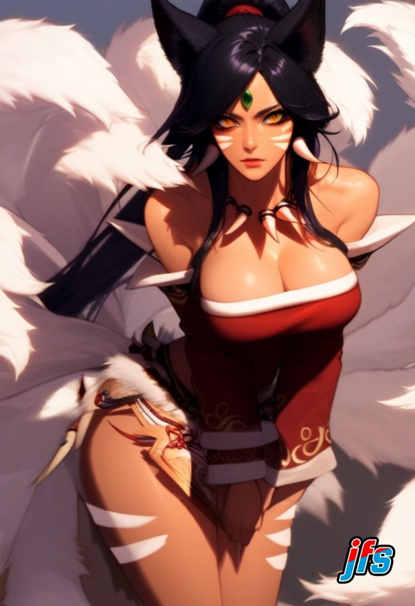 1female 1girl 1girls ahri ai_generated big_breasts black_hair black_hair_female female female_focus female_only forehead_gem forehead_jewel fox_ears fox_tail fox_tails fusion fusion_character gem_on_forehead hi_res high_res high_resolution highres jewel_on_forehead jfs large_breasts league_of_legends long_hair long_hair_female nidalee ponytail ponytail_female riot_games solo solo_female solo_focus tooth_necklace tribal_markings tribal_tattoo tribal_tattoos white_tail white_tails yellow_eyes yellow_eyes_female