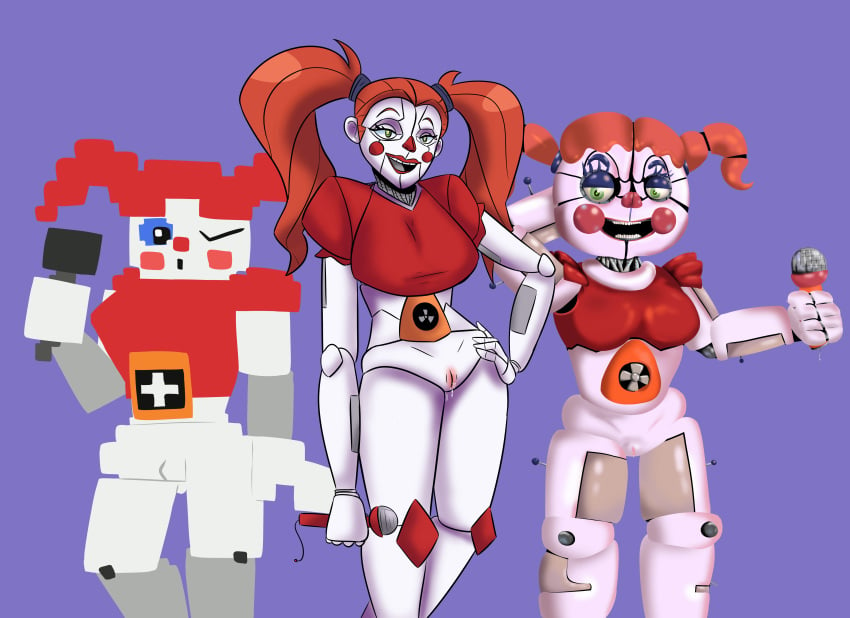 3girls 8-bit_baby accurate_art_style baby_(fnafsl) bare_legs bare_thighs cheeks circus_baby circus_baby_(fnaf) circus_baby_(novel) circus_baby_(original) clown clown_girl digital_drawing_(artwork) dripping dripping_pussy eyes_half_open female five_nights_at_freddy's five_nights_at_freddy's:_sister_location fnaf fnaf_novels full_color half_naked hand_on_hip hourglass_figure huge_breasts knee_pads large_breasts lipstick looking_at_viewer medium_breasts microphone multiple_girls mysaltisexposed no_panties no_penetration one_arm_up one_eye_closed pussy pussy_exposed red_hair robot segmented_body shoulder_pads small_breasts smile square_crossover style_parody the_fourth_closet_(fnaf) twintails winking_at_viewer