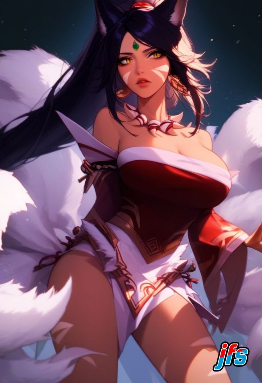 1female 1girl 1girls ahri ai_generated big_breasts black_hair black_hair_female female female_focus female_only forehead_gem forehead_jewel fox_ears fox_tail fox_tails fusion fusion_character gem_on_forehead hi_res high_res high_resolution highres jewel_on_forehead jfs large_breasts league_of_legends long_hair long_hair_female nidalee ponytail ponytail_female riot_games solo solo_female solo_focus tooth_necklace tribal_markings tribal_tattoo tribal_tattoos white_tail white_tails yellow_eyes yellow_eyes_female